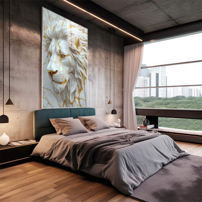 Quadro Decorativo Leão Majestoso Sofisticado | quadros decorativos para sala | Leão majestoso em relevo branco e dourado com textura tridimensional em composição clássica. | em Quadros para Sala | Porao dos Quadros