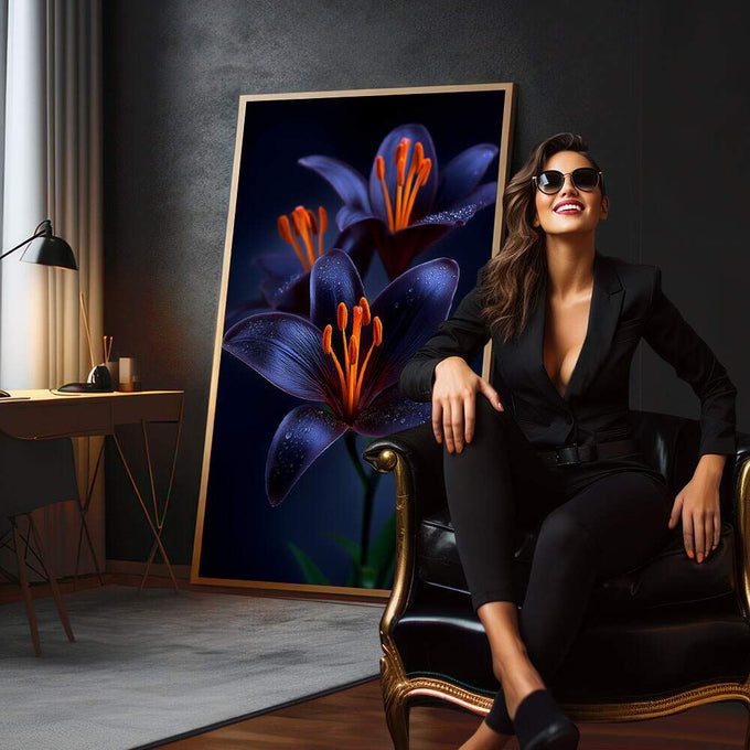Quadro Decorativo Lírios em Harmonia | quadros decorativos para sala | Três flores com pétalas azuis profundas e miolo laranja vibrante sobre fundo preto | em Quadros para Sala | Porao dos Quadros