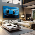 Quadro Decorativo Carro Esportivo em Azul Vibrante - Elegância e Velocidade | quadros decorativos para sala | Porsche azul clássico em vista superior com detalhes realistas e fundo azul profundo. | em Quadros para Sala | Porao dos Quadros
