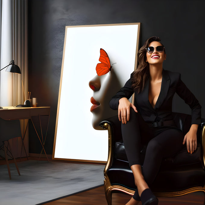 Rosto feminino em perfil surgindo do fundo branco com borboleta laranja na testa, quadro decorativo