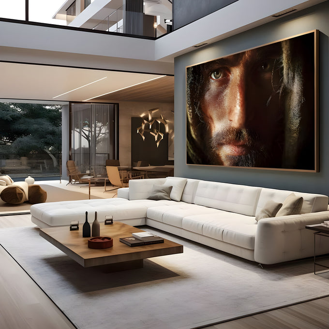 Close realista do rosto de Jesus com olhar intenso, barba e cabelos longos em luz e sombra, quadro decorativo