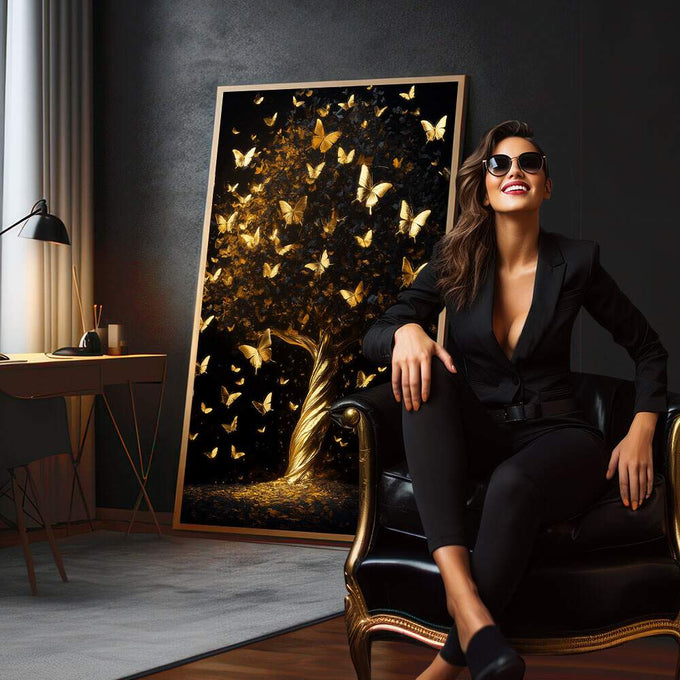 Quadro Decorativo Árvore Elegante em Dourado | quadros decorativos para sala | Árvore dourada com borboletas douradas ascendendo em fundo preto escuro. | em Quadros para Sala | Porao dos Quadros