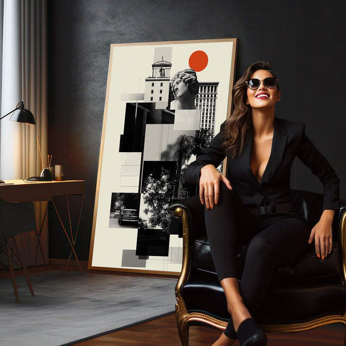 Quadro Decorativo Minimalista Moderno | quadros decorativos para sala | Colagem urbana com busto clássico, edifícios e círculo vermelho vibrante em tons preto e branco. | em Quadros para Sala | Porao dos Quadros