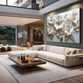 Quadro Decorativo Floral Sereno | quadros decorativos para sala | Flores brancas em relevo com detalhes dourados e folhas em composição elegante | em Quadros para Sala | Porao dos Quadros