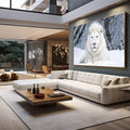 Quadro Decorativo Leão Branco Majestoso | quadros decorativos para sala | Leão branco com olhos azuis vibrantes em paisagem nevada com flocos caindo. | em Quadros para Sala | Porao dos Quadros