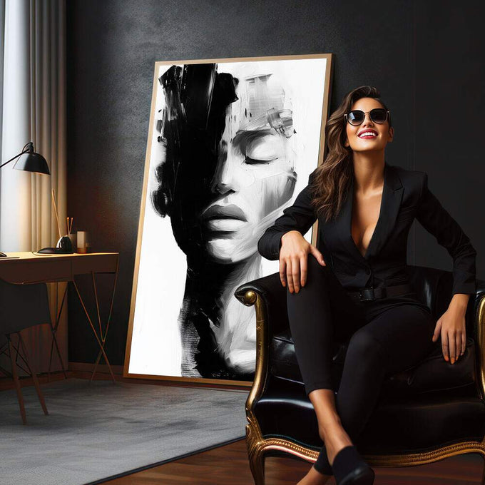 Quadro Decorativo Serenidade em Preto e Branco | quadros decorativos para sala | Rosto em preto e branco com traços abstratos e gesto pictórico expressionista. | em Quadros para Sala | Porao dos Quadros
