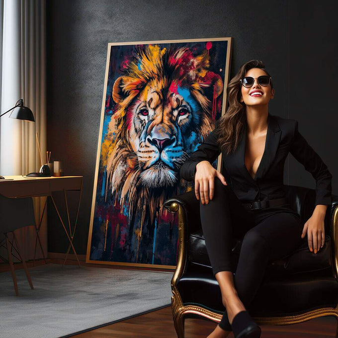 Quadro Decorativo Leão Majestoso e Vibrante | quadros decorativos para sala | Leão majestoso com tons vibrantes e efeito explosivo em estilo expressionista abstrato | em Quadros para Sala | Porao dos Quadros