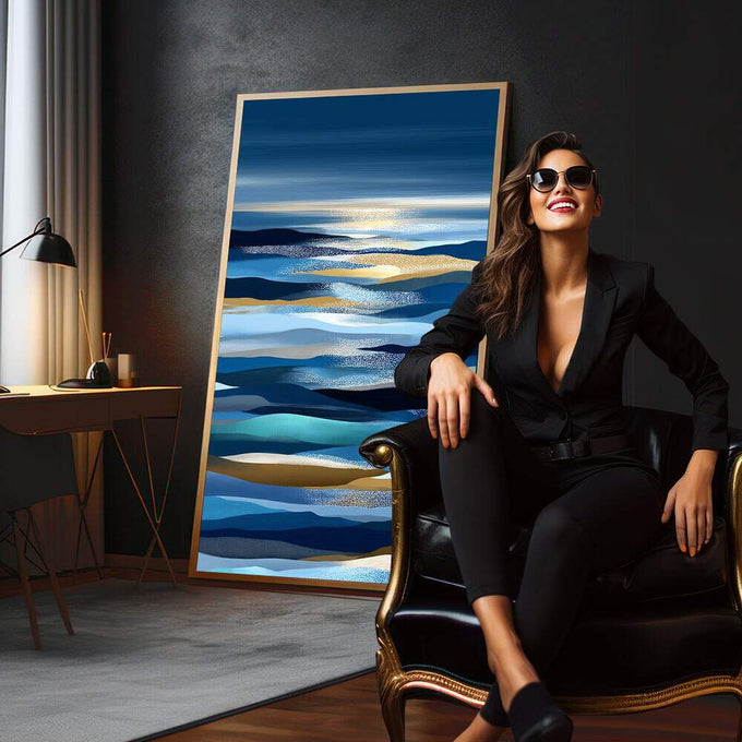 Quadro Decorativo Abstrato Serenidade Azul | quadros decorativos para sala | Paisagem abstrata marinha com camadas horizontais em azul, branco e dourado brilhante | em Quadros para Sala | Porao dos Quadros