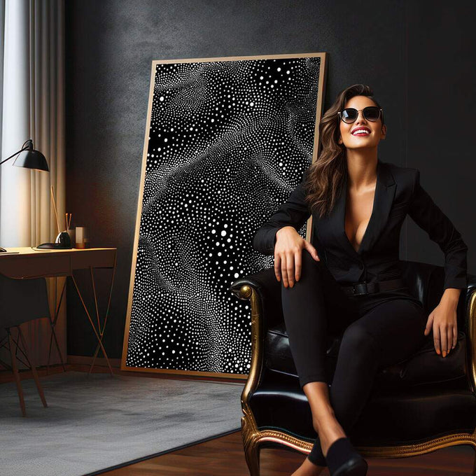 Quadro Decorativo Abstrato Estelar | quadros decorativos para sala | Padrão abstrato com pontos e círculos preto e branco em composição fluida e geométrica | em Quadros para Sala | Porao dos Quadros