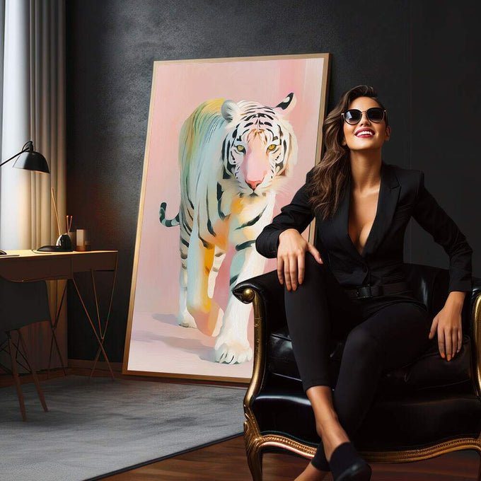 Quadro Decorativo Tigre Moderno | quadros decorativos para sala | Tigre branco com aquarela rosa, azul e dourado em composição realista e abstrata. | em Quadros para Sala | Porao dos Quadros