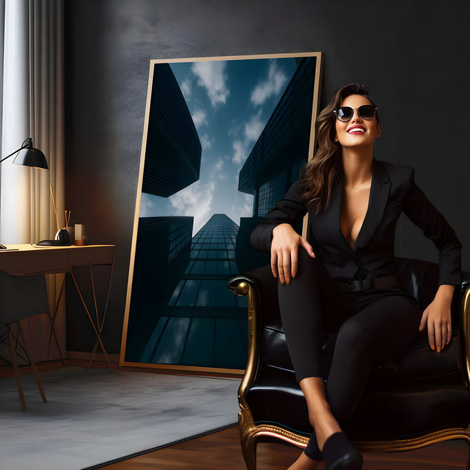Arranha-céus espelhados vistos de baixo convergindo para o céu azul com nuvens, quadro decorativo