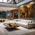 Quadro Decorativo Leão e Filhotes | quadros decorativos para sala | Leão majestoso com leoa e filhotes em tons dourados e âmbar, composição realista em luz natural | em Quadros para Sala | Porao dos Quadros