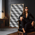 Quadro Decorativo Geometria Fluida | quadros decorativos para sala | Padrão geométrico chevron em cinza e branco com textura de malha em moldura de madeira. | em Quadros para Sala | Porao dos Quadros