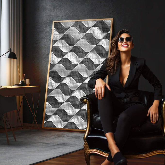 Quadro Decorativo Geometria Fluida | quadros decorativos para sala | Padrão geométrico chevron em cinza e branco com textura de malha em moldura de madeira. | em Quadros para Sala | Porao dos Quadros