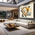 Quadro Decorativo - Retrato Vibrante em Colagem | quadros decorativos para sala | Retrato em colagem artística com girassol, folhas e paisagem montanhosa em tons bege e dourado | em Quadros para Sala | Porao dos Quadros