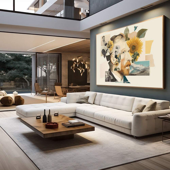 Quadro Decorativo - Retrato Vibrante em Colagem | quadros decorativos para sala | Retrato em colagem artística com girassol, folhas e paisagem montanhosa em tons bege e dourado | em Quadros para Sala | Porao dos Quadros
