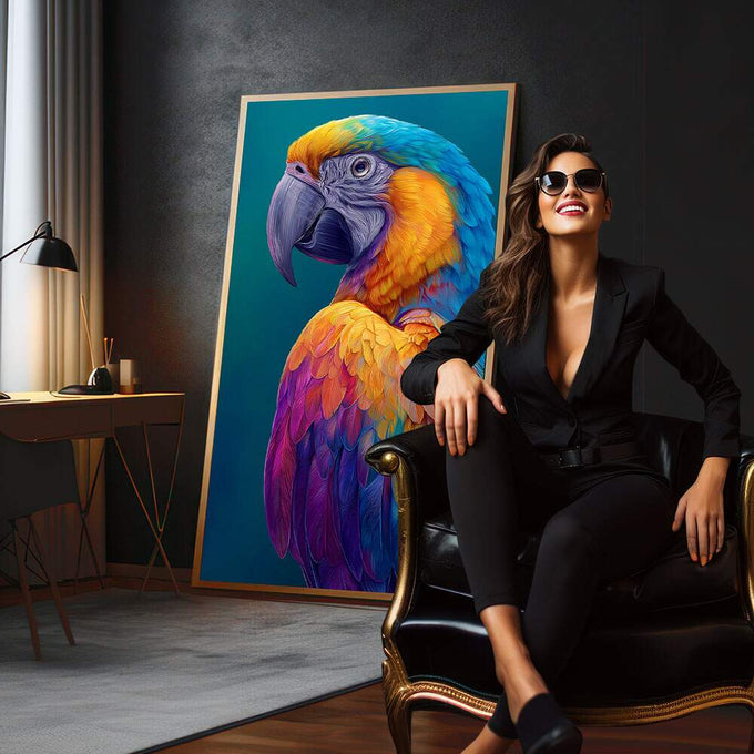 Quadro Decorativo Papagaio Colorido | quadros decorativos para sala | Arara vibrante com plumas em azul, amarelo, roxo e laranja sobre fundo azul profundo em estilo realista. | em Quadros para Sala | Porao dos Quadros