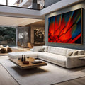 Quadro Decorativo Energia e Harmonia | quadros decorativos para sala | Penas vermelhas, laranja e azuis em movimento dinâmico sobre fundo escuro | em Quadros para Sala | Porao dos Quadros