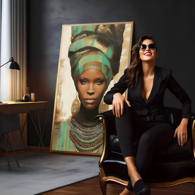 Mulher negra africana com turbante verde e dourado, brincos e colares de contas, quadro decorativo
