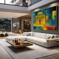 Quadro Decorativo Arquitetura Vibrante | quadros decorativos para sala | Templo clássico em dourado com colunas contra fundo azul profundo com detalhes abstratos | em Quadros para Sala | Porao dos Quadros