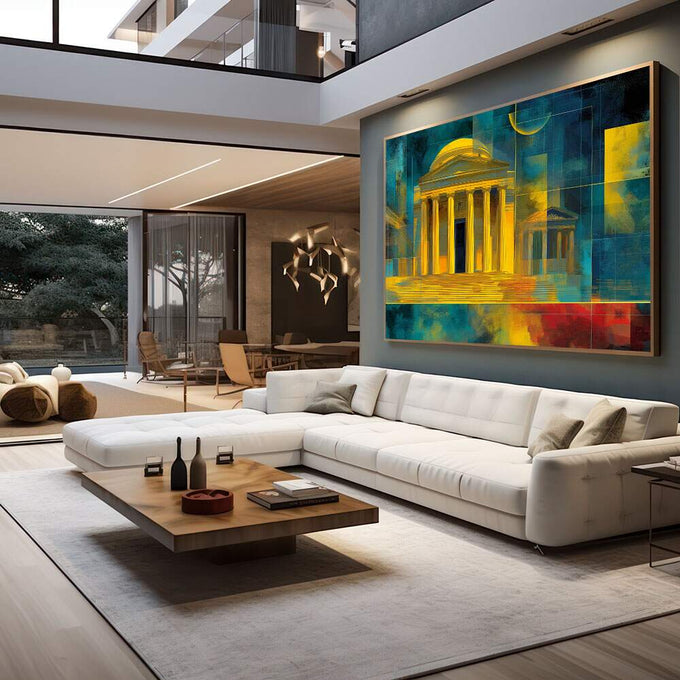 Quadro Decorativo Arquitetura Vibrante | quadros decorativos para sala | Templo clássico em dourado com colunas contra fundo azul profundo com detalhes abstratos | em Quadros para Sala | Porao dos Quadros