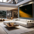 Quadro Decorativo Arte Dourada Moderna | quadros decorativos para sala | Raios de luz dourada atravessando escuridão profunda com composição arquitetônica vertical | em Quadros para Sala | Porao dos Quadros