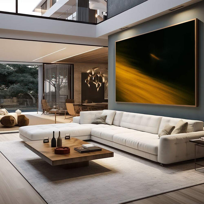 Quadro Decorativo Arte Dourada Moderna | quadros decorativos para sala | Raios de luz dourada atravessando escuridão profunda com composição arquitetônica vertical | em Quadros para Sala | Porao dos Quadros
