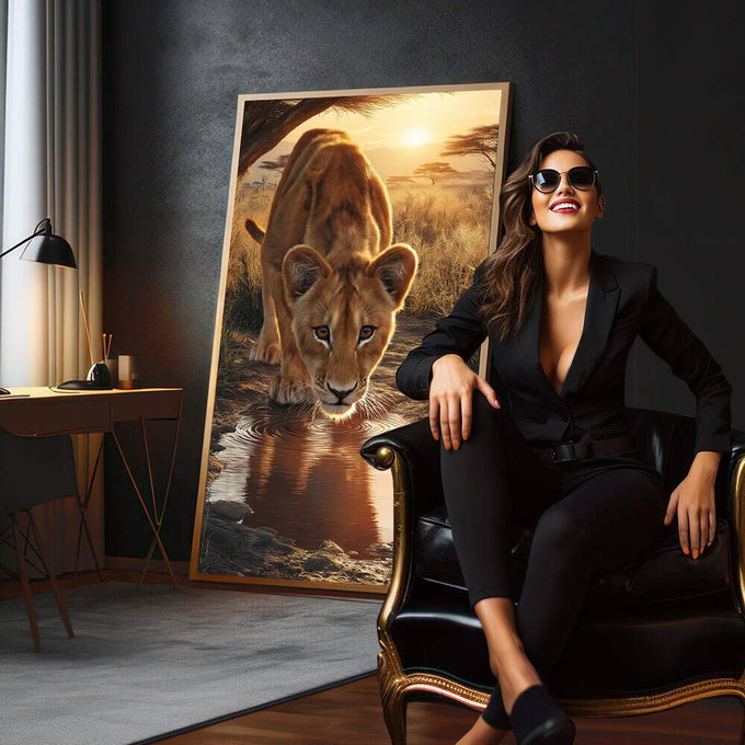 Quadro Decorativo Leão Jovem em Majestade | quadros decorativos para sala | Leoa bebendo água ao entardecer dourado com savana ao fundo em composição realista. | em Quadros para Sala | Porao dos Quadros