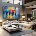Quadro Decorativo Mulheres Arte Vibrante da Cidade Colorida | quadros decorativos para sala | Silhuetas sob guarda-chuvas coloridos em chuva com tons azuis, laranjas e amarelos. | em Quadros para Sala | Porao dos Quadros
