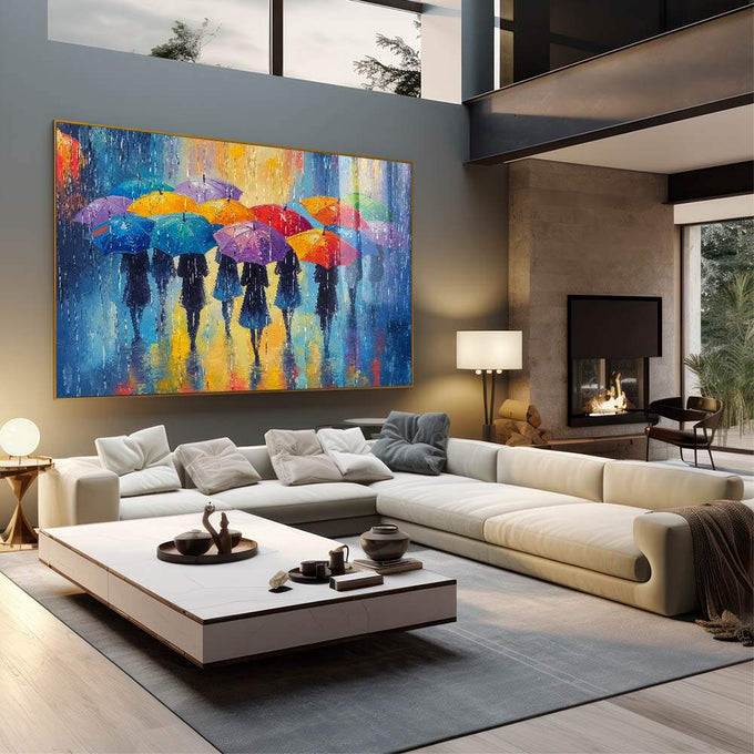 Quadro Decorativo Mulheres Arte Vibrante da Cidade Colorida | quadros decorativos para sala | Silhuetas sob guarda-chuvas coloridos em chuva com tons azuis, laranjas e amarelos. | em Quadros para Sala | Porao dos Quadros