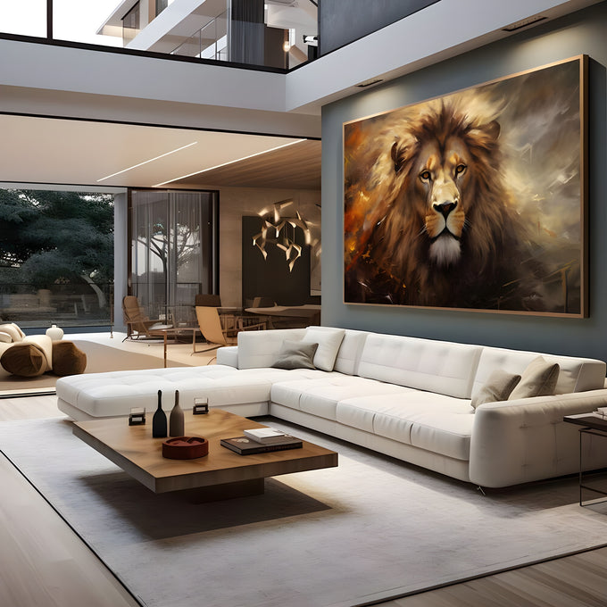 Leão de frente com juba ao vento e olhar intenso em pinceladas douradas e marrons, quadro decorativo