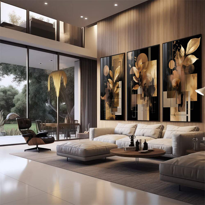 Quadro Decorativo Moderno em Três Painéis | quadros decorativos para sala | Triptco com flores douradas e formas geométricas abstratas em preto e tons quentes. | em Quadros para Sala | Porao dos Quadros