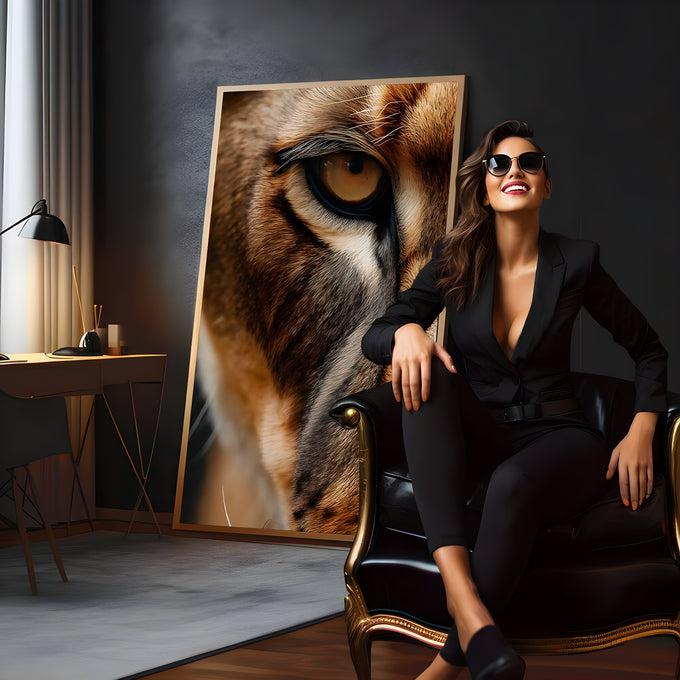 Close do olho âmbar de um leão com pelagem marrom e dourada em fotografia realista, quadro decorativo