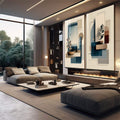 Quadro Decorativo Moderno Geometria Serene | quadros decorativos para sala | Duas telas com formas geométricas abstratas em bege e azul com plantas delicadas. | em Quadros para Sala | Porao dos Quadros