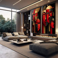 Quadro Decorativo Arte de Rostos Estilizados | quadros decorativos para sala | Máscaras abstratas em vermelho e dourado com composição geométrica moderna e sofisticada | em Quadros para Sala | Porao dos Quadros