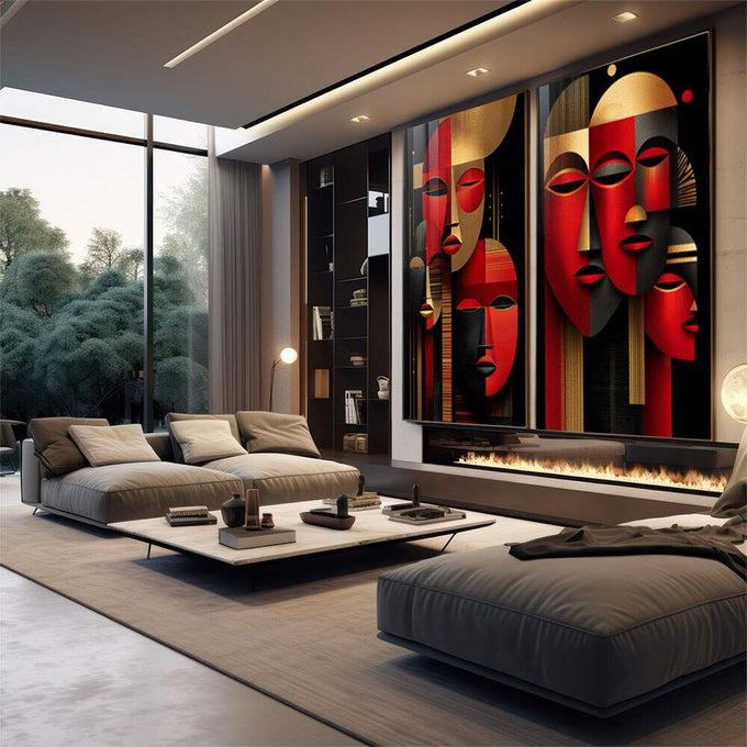 Quadro Decorativo Arte de Rostos Estilizados | quadros decorativos para sala | Máscaras abstratas em vermelho e dourado com composição geométrica moderna e sofisticada | em Quadros para Sala | Porao dos Quadros