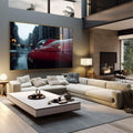 Elegância Automotiva Quadro Decorativo do Carro Esportivo Vermelho | quadros decorativos para sala | Carro vermelho coberto de gotas de chuva com cidade urbana desfocada ao fundo | em Quadros para Sala | Porao dos Quadros