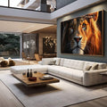 Quadro Decorativo Majestade do Rei da Selva | quadros decorativos para sala | Leão majestoso em tons de ouro e preto com olhos intensos e luminosos | em Quadros para Sala | Porao dos Quadros