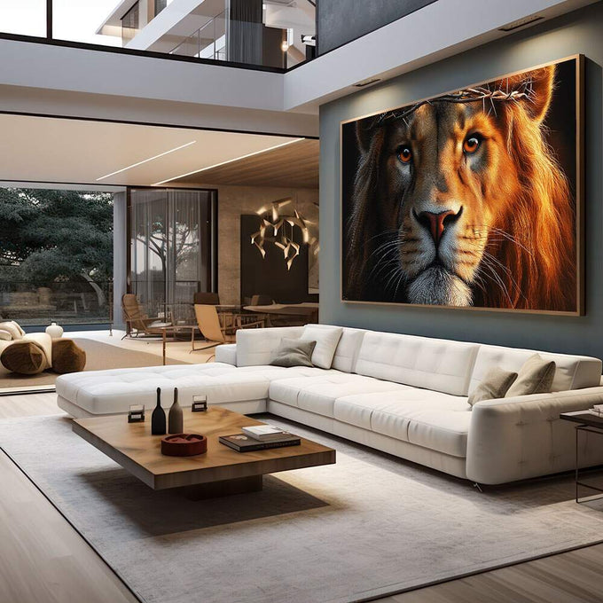 Quadro Decorativo Majestade do Rei da Selva | quadros decorativos para sala | Leão majestoso em tons de ouro e preto com olhos intensos e luminosos | em Quadros para Sala | Porao dos Quadros