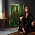Quadro Decorativo Orixá Oxóssi: Caçador da Vida | quadros decorativos para sala | Guerreiro indígena com arco retesado em floresta verde profunda, composição realista majestosa | em Quadros para Sala | Porao dos Quadros