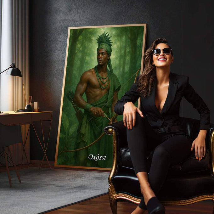 Quadro Decorativo Orixá Oxóssi: Caçador da Vida | quadros decorativos para sala | Guerreiro indígena com arco retesado em floresta verde profunda, composição realista majestosa | em Quadros para Sala | Porao dos Quadros