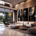 Quadro Decorativo: Beleza Dourada - Luxo e Sofisticação | quadros decorativos para sala | Triptado com mulheres em preto com detalhes em folha de ouro e moldura dourada. | em Quadros para Sala | Porao dos Quadros