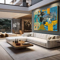 Quadro Decorativo Socialismo e Riqueza | quadros decorativos para sala | Personagem preto com moedas douradas sobre fundo azul com padrões e símbolos geométricos. | em Quadros para Sala | Porao dos Quadros
