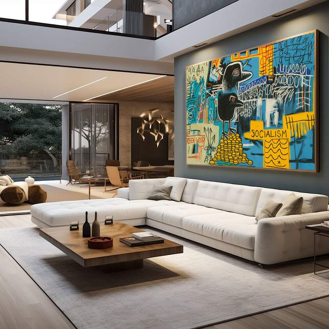 Quadro Decorativo Socialismo e Riqueza | quadros decorativos para sala | Personagem preto com moedas douradas sobre fundo azul com padrões e símbolos geométricos. | em Quadros para Sala | Porao dos Quadros
