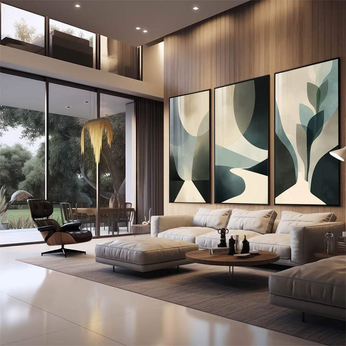 Quadro Decorativo Abstrato Serenidade Moderna | quadros decorativos para sala | Triptíco abstrato com formas geométricas em bege, verde água e creme em composição fluida. | em Quadros para Sala | Porao dos Quadros