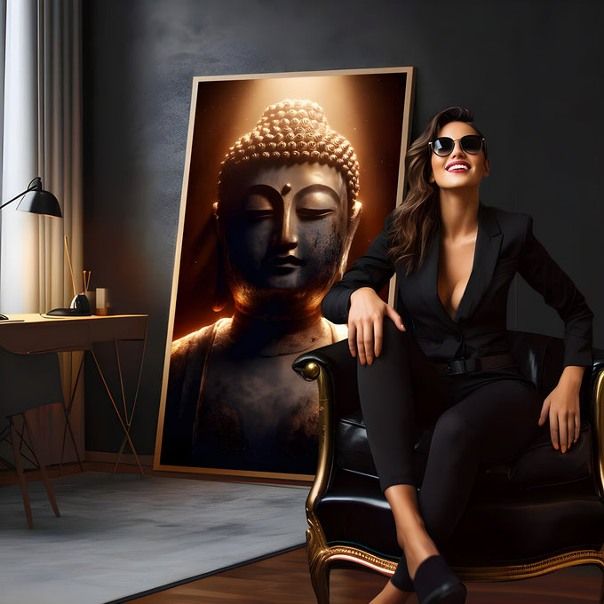 Rosto de Buda em bronze de olhos fechados com luz dourada e fundo marrom escuro, quadro decorativo