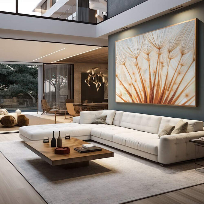 Quadro Decorativo Serenidade Floral Sofisticada | quadros decorativos para sala | Dente-de-leão em tons bege e laranja com estrutura filiforme em close botânico delicado | em Quadros para Sala | Porao dos Quadros