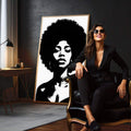 Quadro Decorativo Afro Elegância | quadros decorativos para sala | Retrato de mulher com cabelo afro natural em preto e branco com alto contraste gráfico. | em Quadros para Sala | Porao dos Quadros