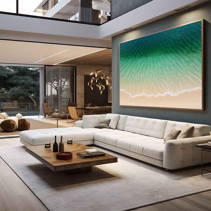 Quadro Decorativo Praia dos Sonhos | quadros decorativos para sala | Vista aérea de praia com ondas azuis, águas verdes e areia bege clara | em Quadros para Sala | Porao dos Quadros