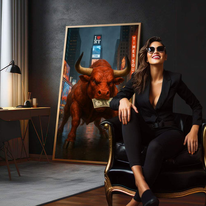 Quadro Decorativo Joyful Bull Vermelho Urbano | quadros decorativos para sala | Touro vermelho com chifres dourados segurando nota de dólar em Times Square urbano. | em Quadros para Sala | Porao dos Quadros